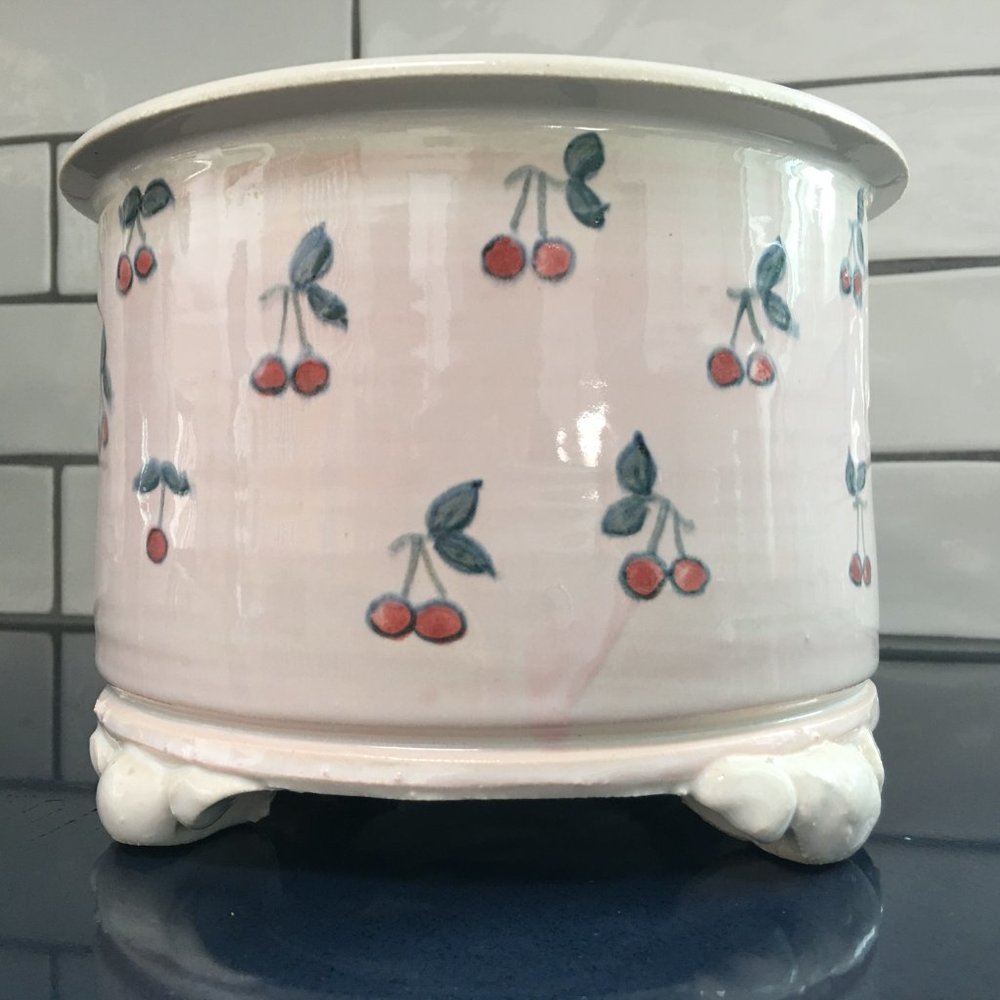 Signed L. Howes Footed Serving Bowl with Hand-Painted Cherries